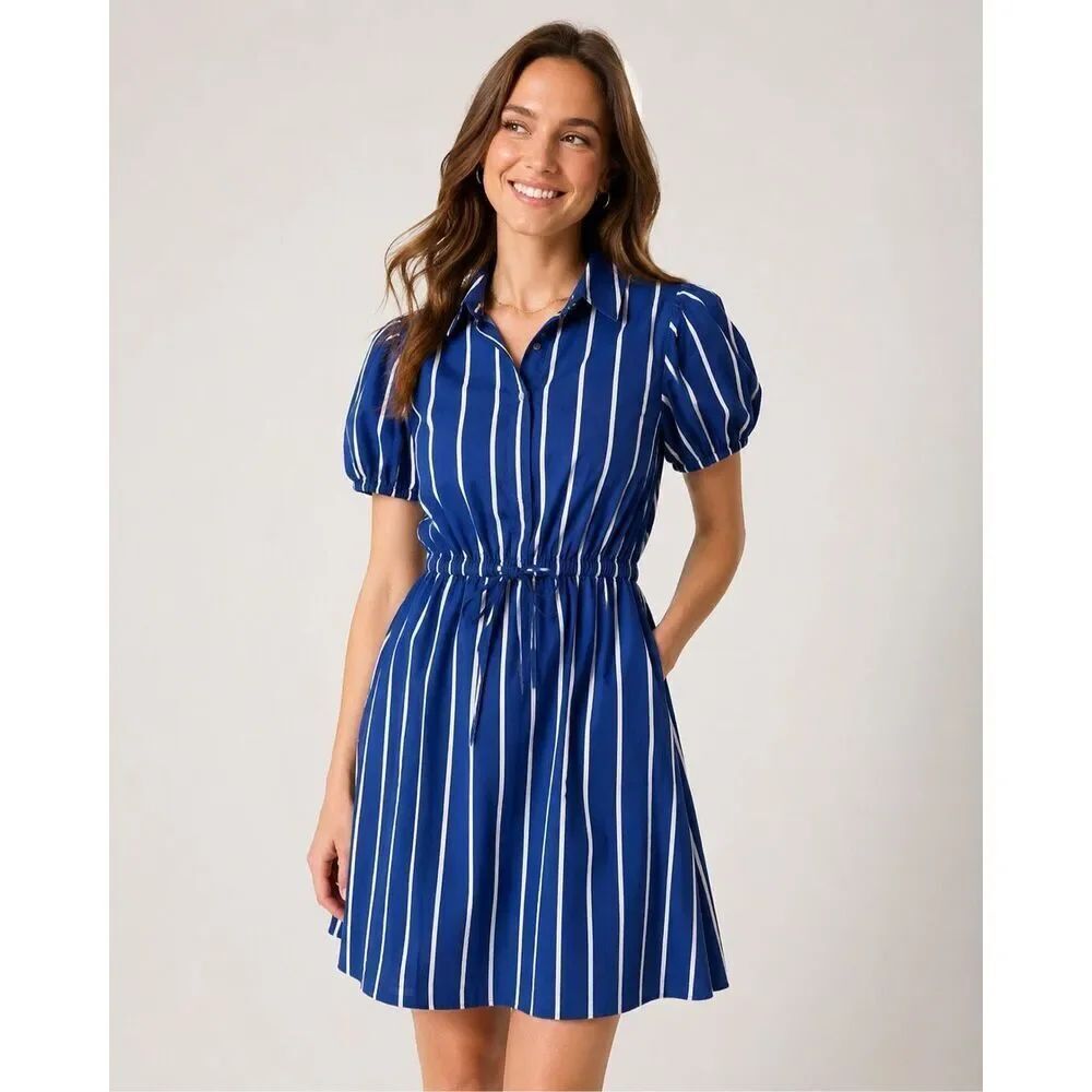 J.Crew BlueโWhite Striped Puff Sleeve Shirt Dress Size 4